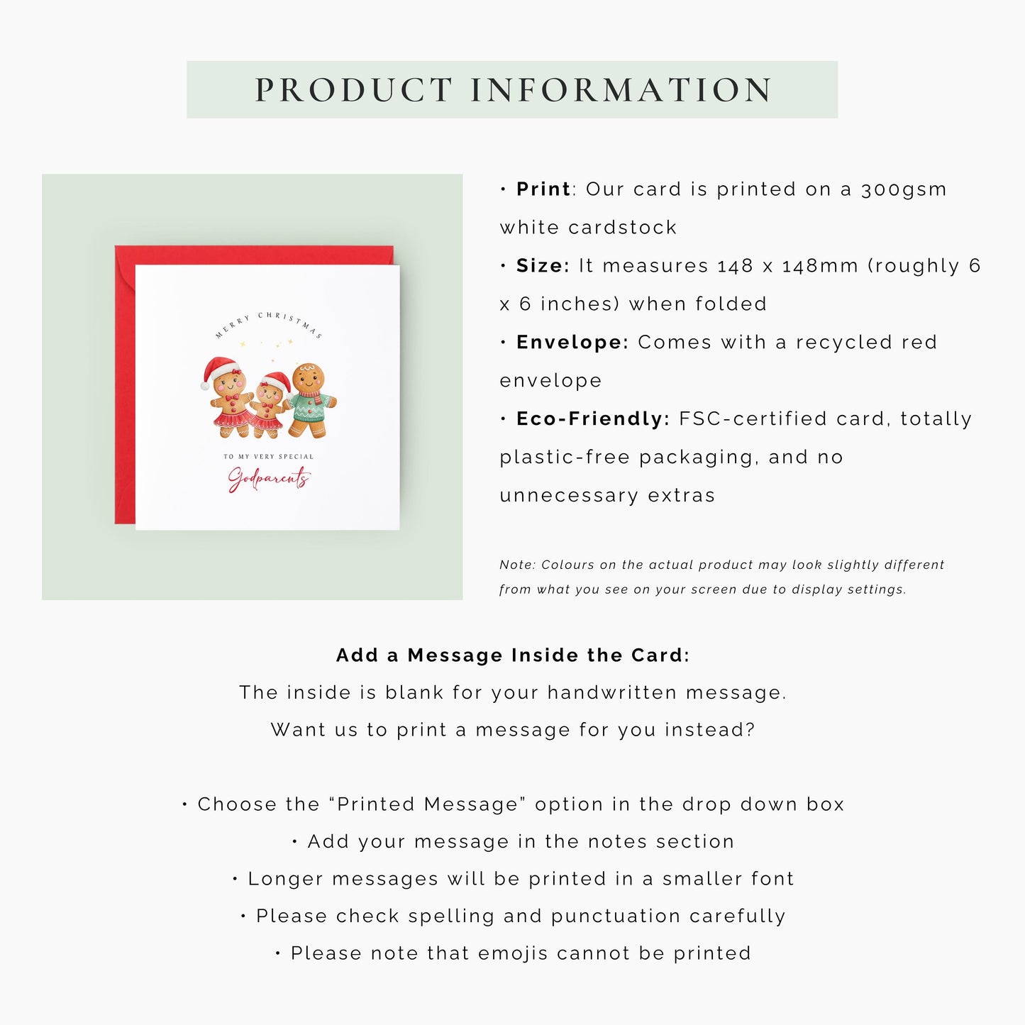 Adorable gingerbread Christmas card for godparents from a goddaughter. A festive keepsake Christmas card featuring a cute gingerbread family.
