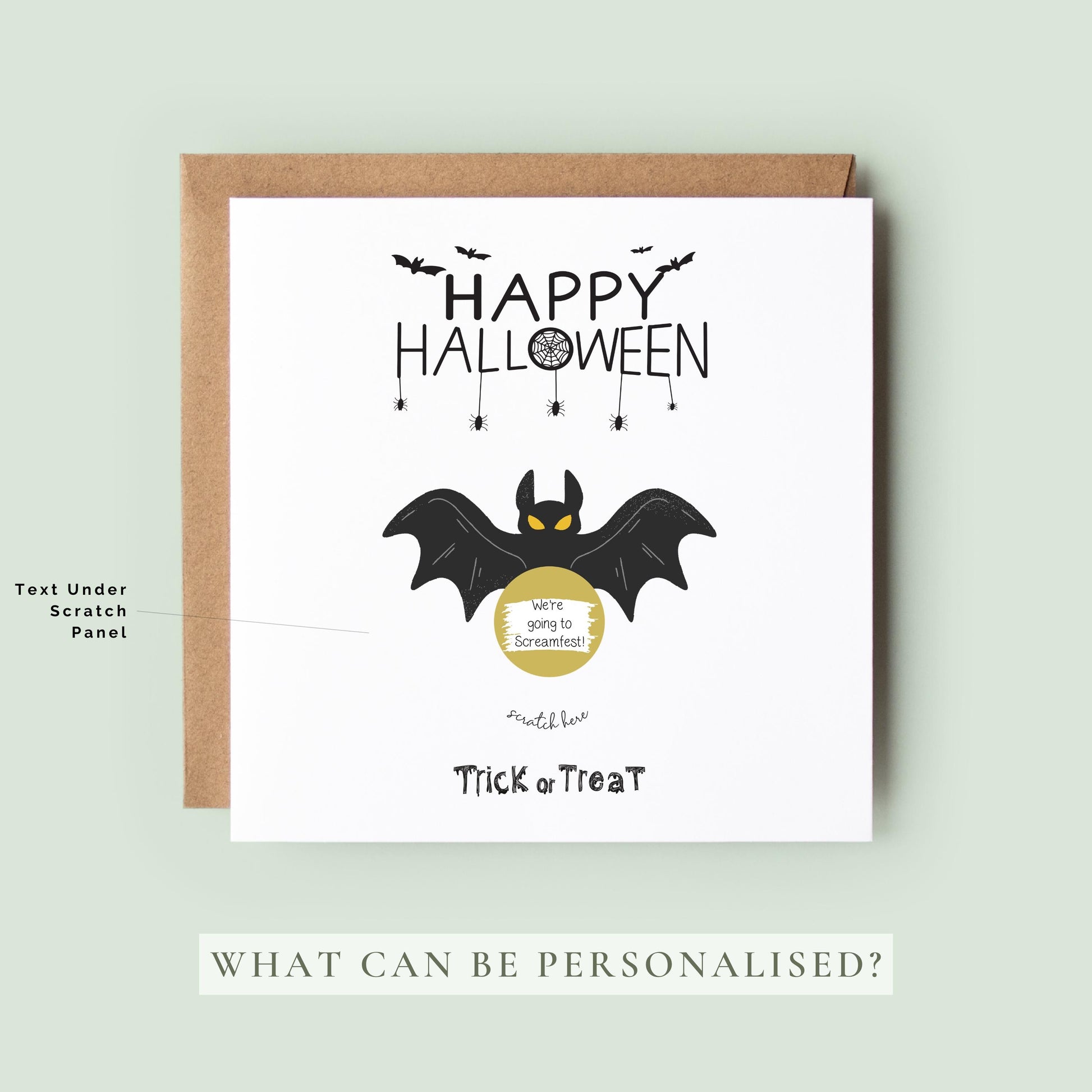 Interactive Halloween scratch card featuring a spooky bat with a personalised scratch-to-reveal surprise message.