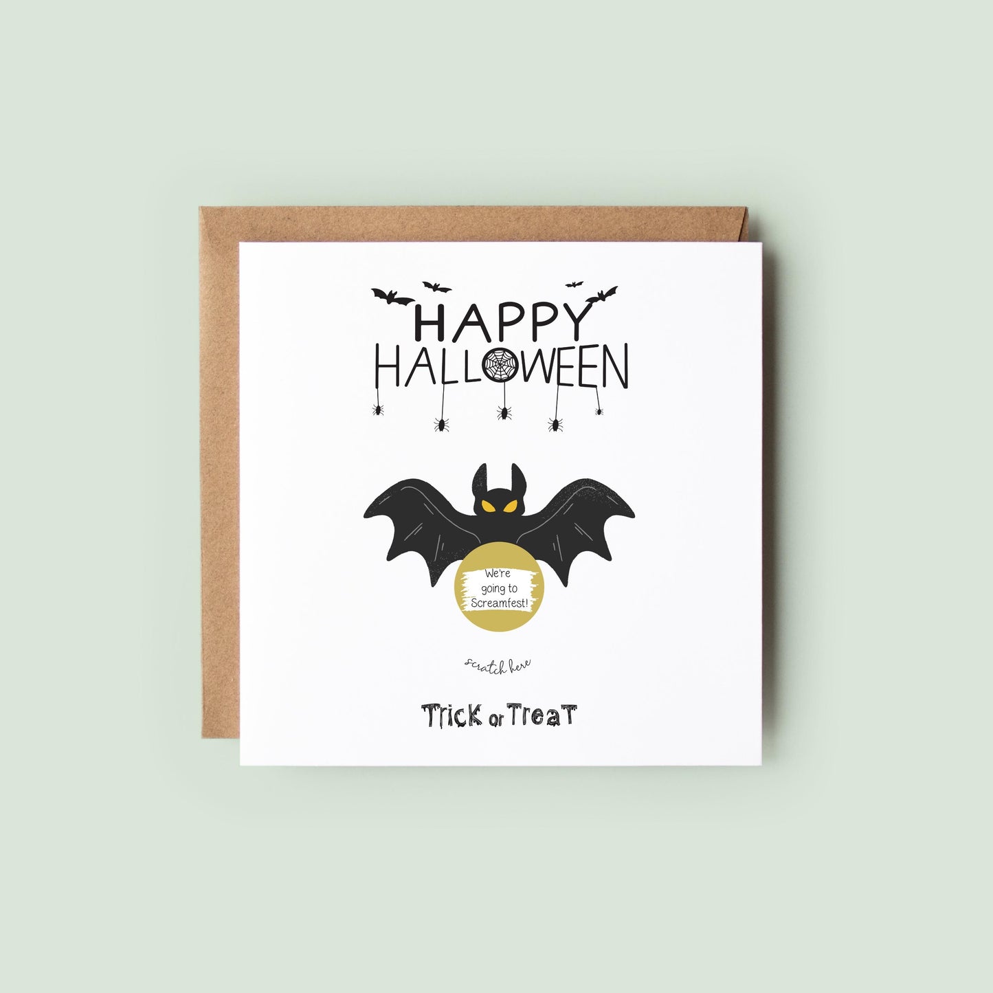 Interactive Halloween scratch card featuring a spooky bat with a personalised scratch-to-reveal surprise message.
