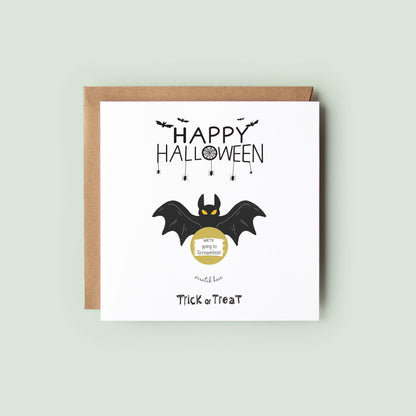 Interactive Halloween scratch card featuring a spooky bat with a personalised scratch-to-reveal surprise message.