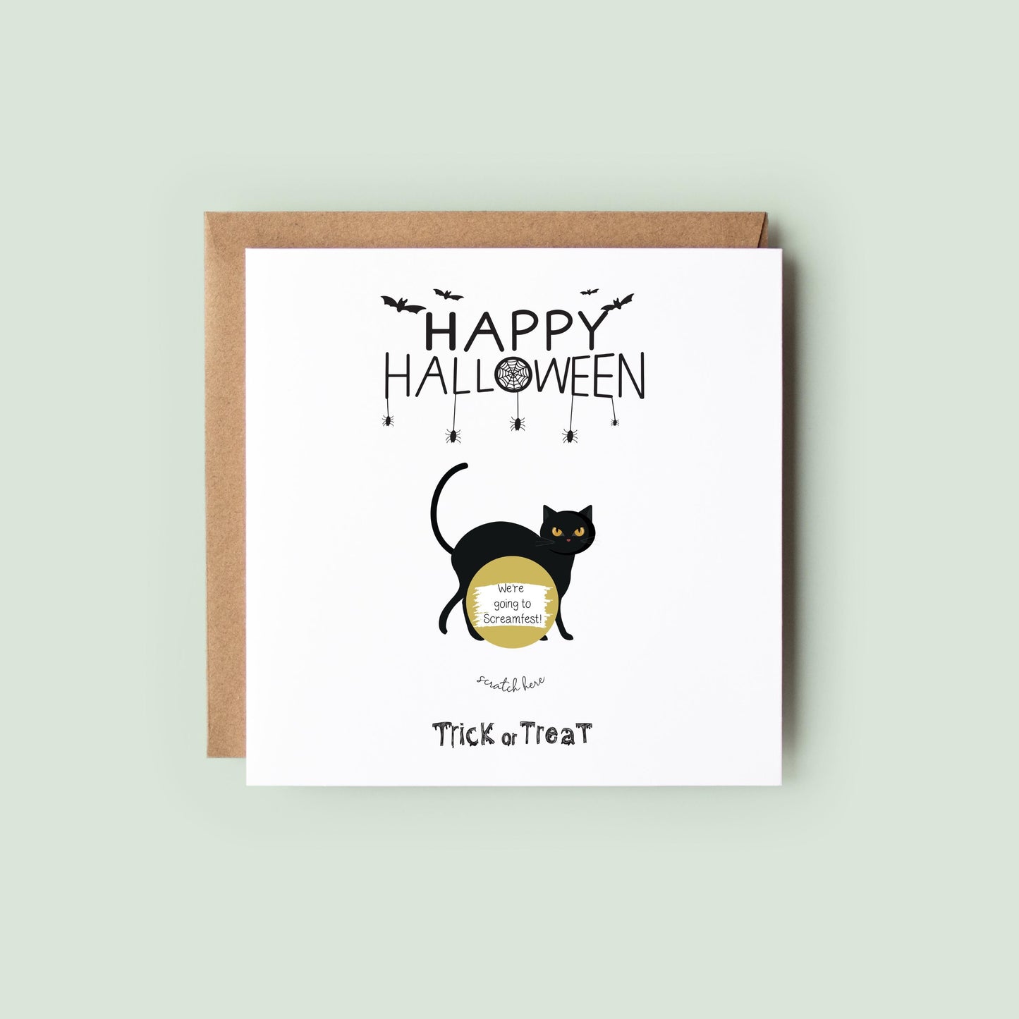 Halloween scratch-off greeting card featuring a black cat and a personalised scratch-to-reveal surprise message.