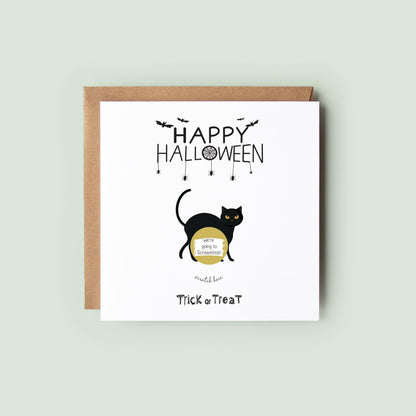 Halloween scratch-off greeting card featuring a black cat and a personalised scratch-to-reveal surprise message.
