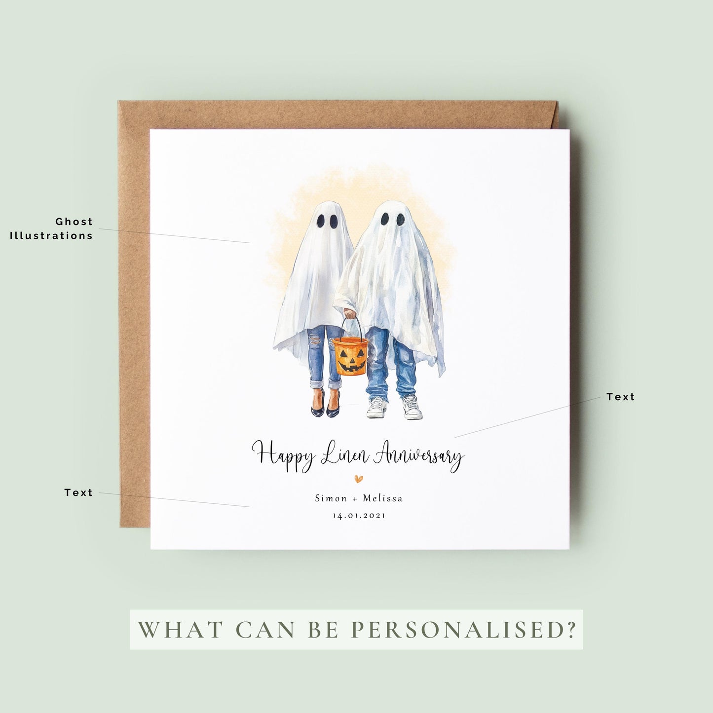 Personalised linen anniversary card featuring a romantic watercolour ghost couple with custom names and anniversary date.