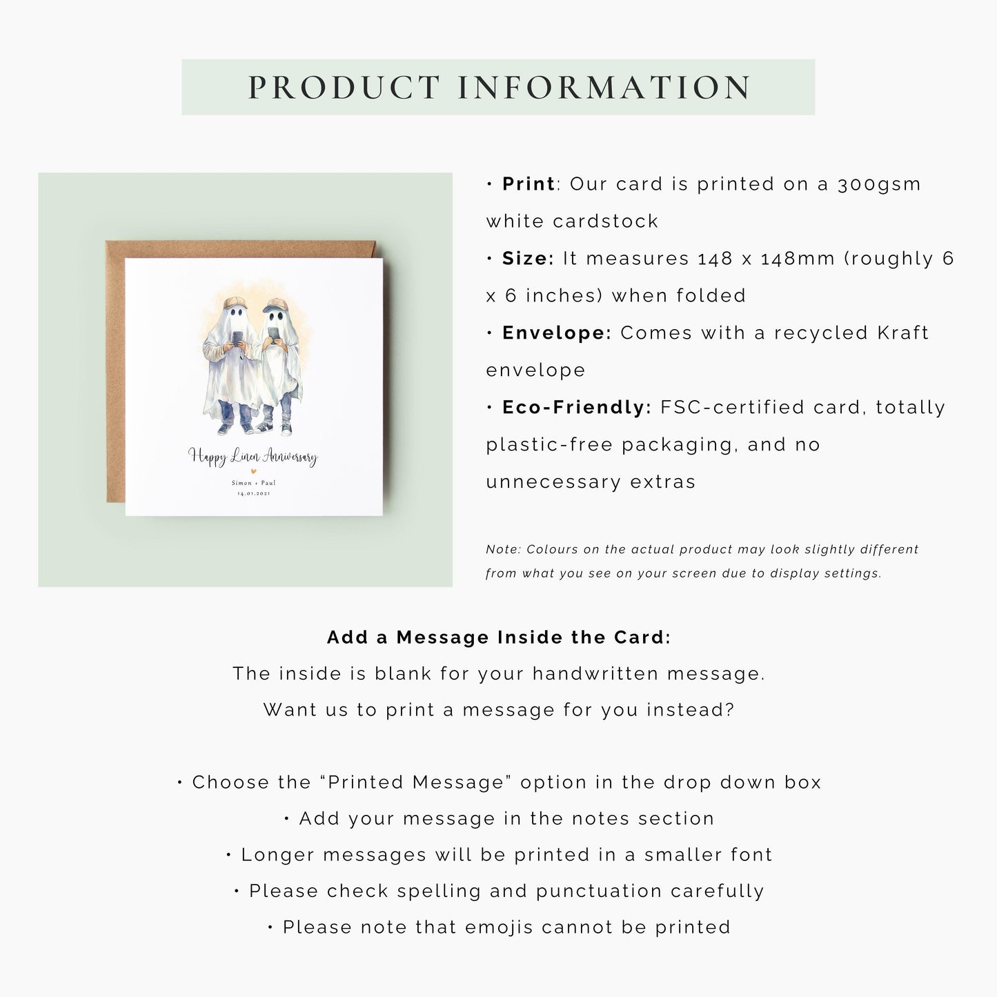 Personalised gay linen anniversary card featuring two watercolour ghost husbands with custom names and anniversary date.