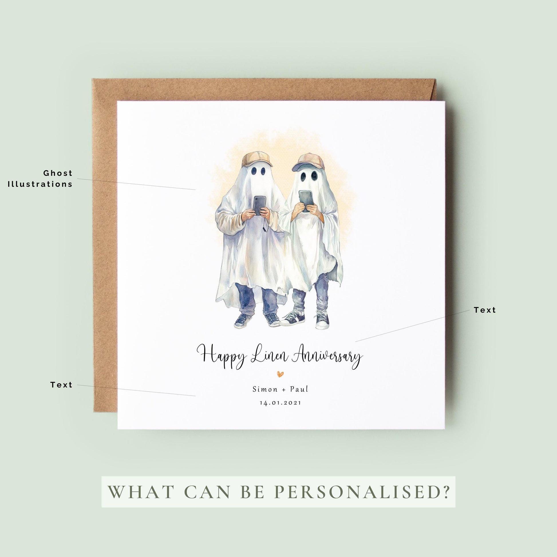 Personalised gay linen anniversary card featuring two watercolour ghost husbands with custom names and anniversary date.