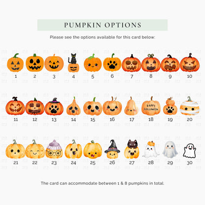 Personalised Halloween pregnancy announcement card featuring a pumpkin family with names and a ghost baby, and the message “Our family is growing by two little feet.”