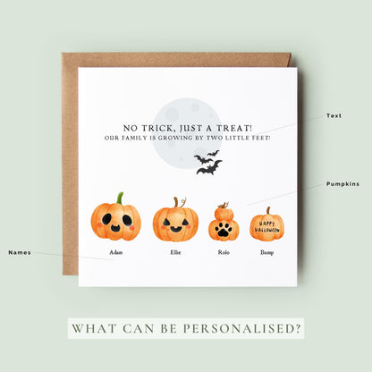 Personalised Halloween pregnancy announcement card featuring a family of customisable watercolour pumpkins with names and the message "No Trick, Just a Treat! Our Family is Growing by Two Little Feet!"