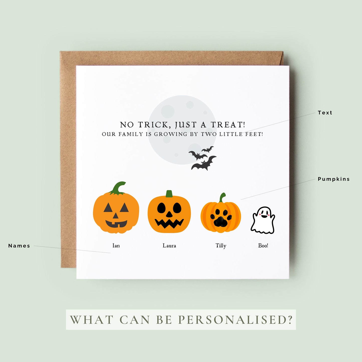 Share your exciting baby news with a personalised Halloween pregnancy announcement card featuring custom pumpkins, family names and an optional pet ghost. Perfect for autumn baby reveals.