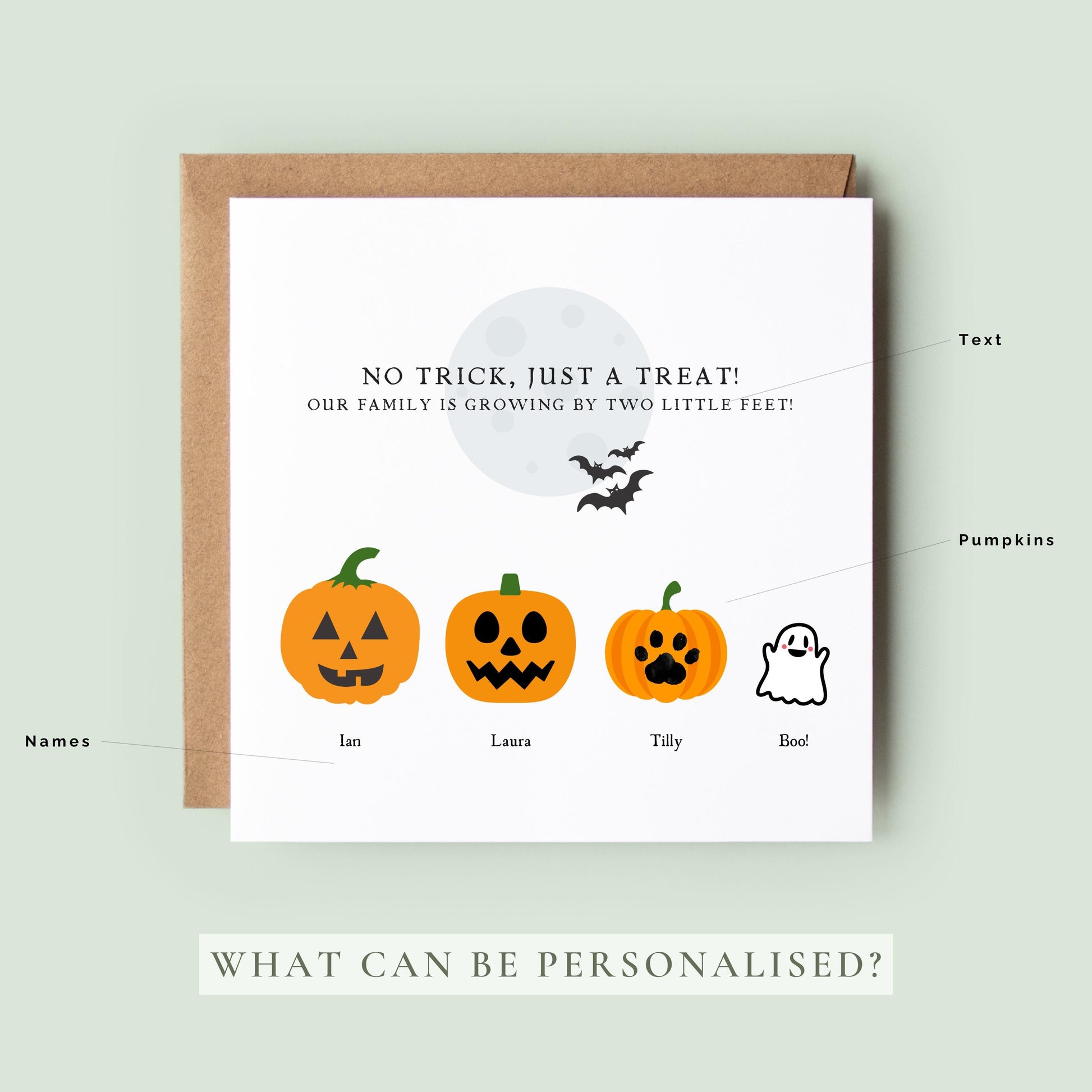 Share your exciting baby news with a personalised Halloween pregnancy announcement card featuring custom pumpkins, family names and an optional pet ghost. Perfect for autumn baby reveals.