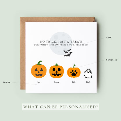 Share your exciting baby news with a personalised Halloween pregnancy announcement card featuring custom pumpkins, family names and an optional pet ghost. Perfect for autumn baby reveals.