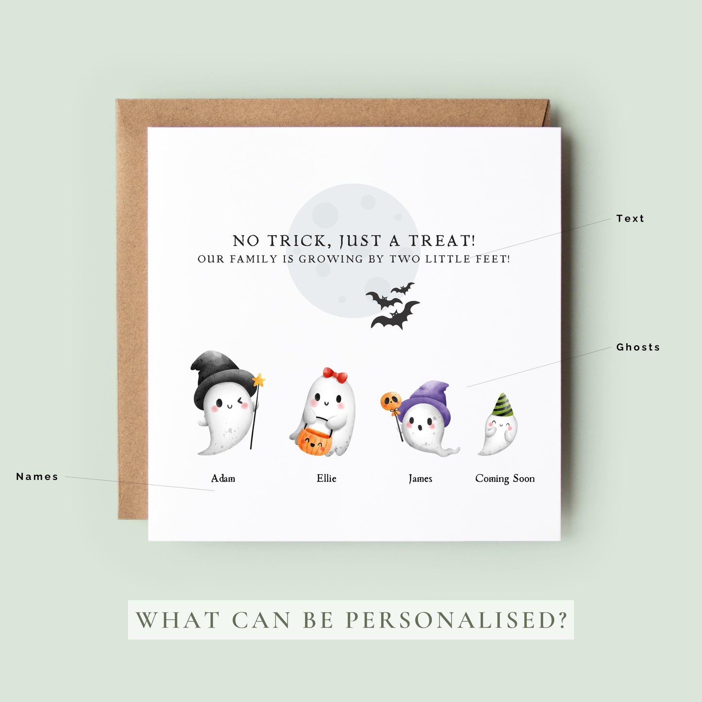 Personalised Halloween pregnancy announcement card with a cute ghost family, custom names and a spooky autumn baby reveal. A beautiful keepsake for expecting parents.