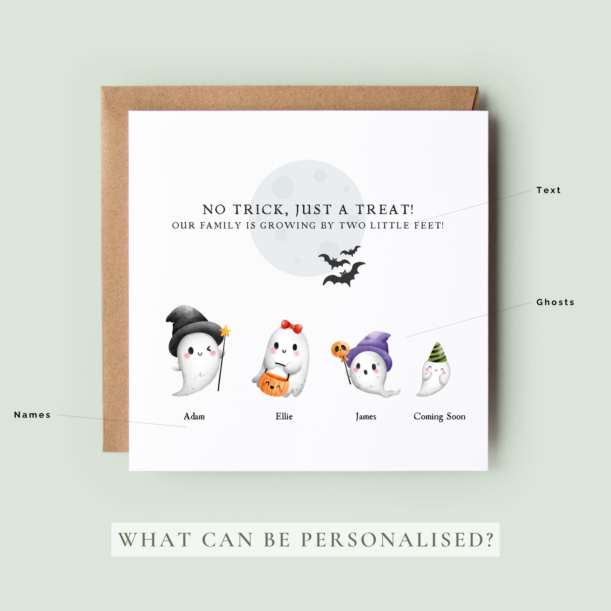 Personalised Halloween pregnancy announcement card with a cute ghost family, custom names and a spooky autumn baby reveal. A beautiful keepsake for expecting parents.