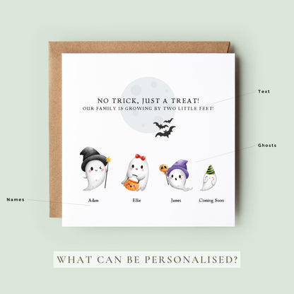 Personalised Halloween pregnancy announcement card with a cute ghost family, custom names and a spooky autumn baby reveal. A beautiful keepsake for expecting parents.