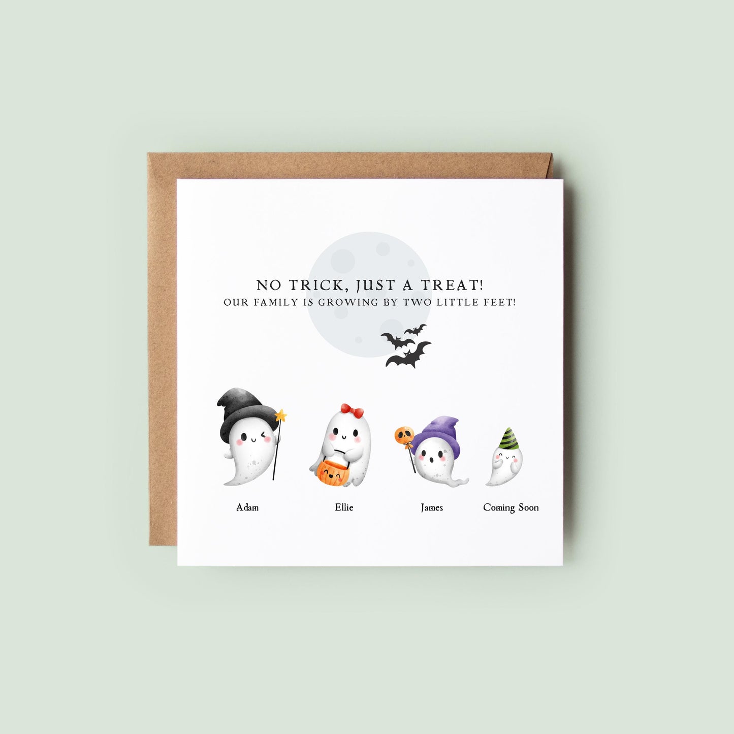 Personalised Halloween pregnancy announcement card with a cute ghost family, custom names and a spooky autumn baby reveal. A beautiful keepsake for expecting parents.