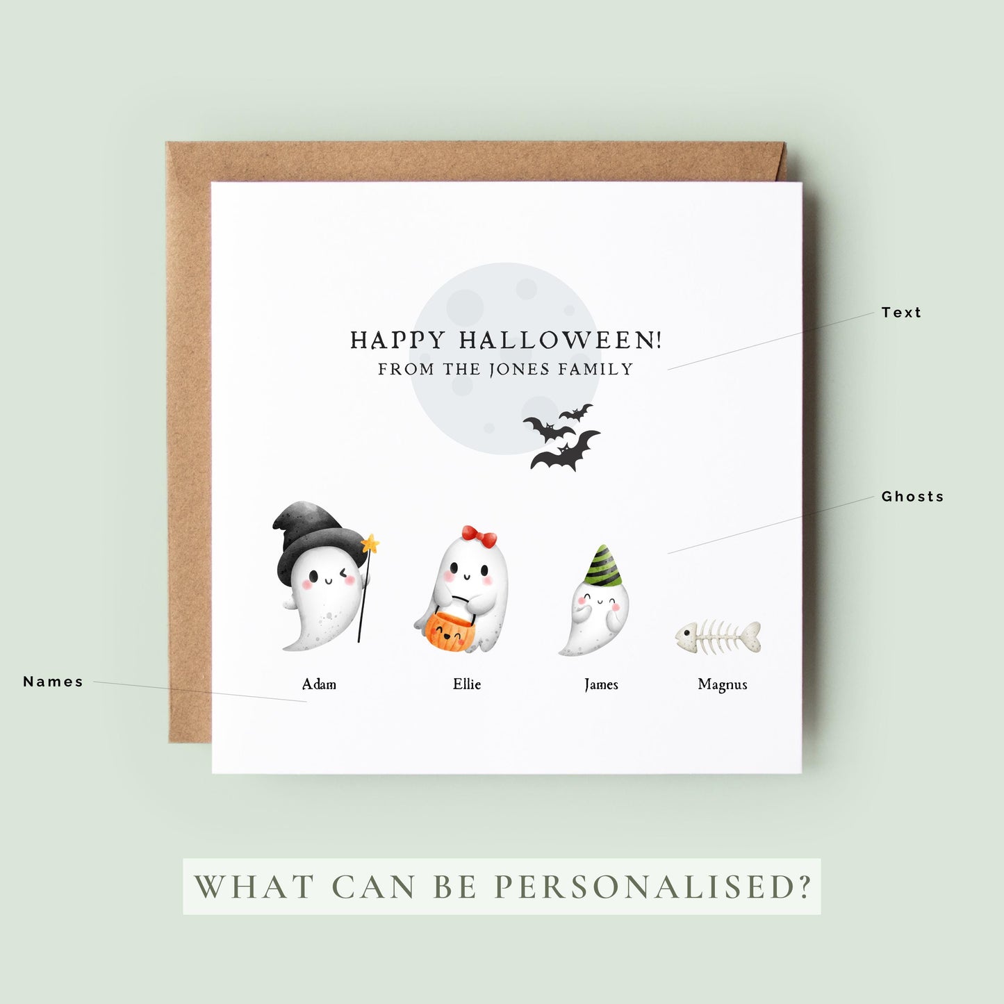 Create a personalised Halloween family card with cute ghost characters, names and pets. A fun Halloween greeting and autumn keepsake for the whole family.