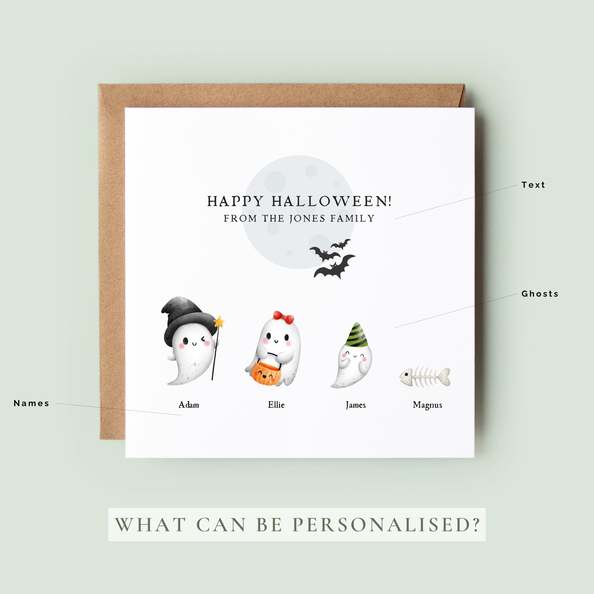 Create a personalised Halloween family card with cute ghost characters, names and pets. A fun Halloween greeting and autumn keepsake for the whole family.