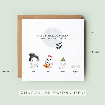 Create a personalised Halloween family card with cute ghost characters, names and pets. A fun Halloween greeting and autumn keepsake for the whole family.