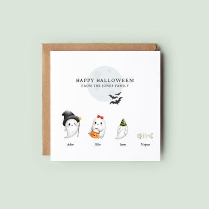 Create a personalised Halloween family card with cute ghost characters, names and pets. A fun Halloween greeting and autumn keepsake for the whole family.