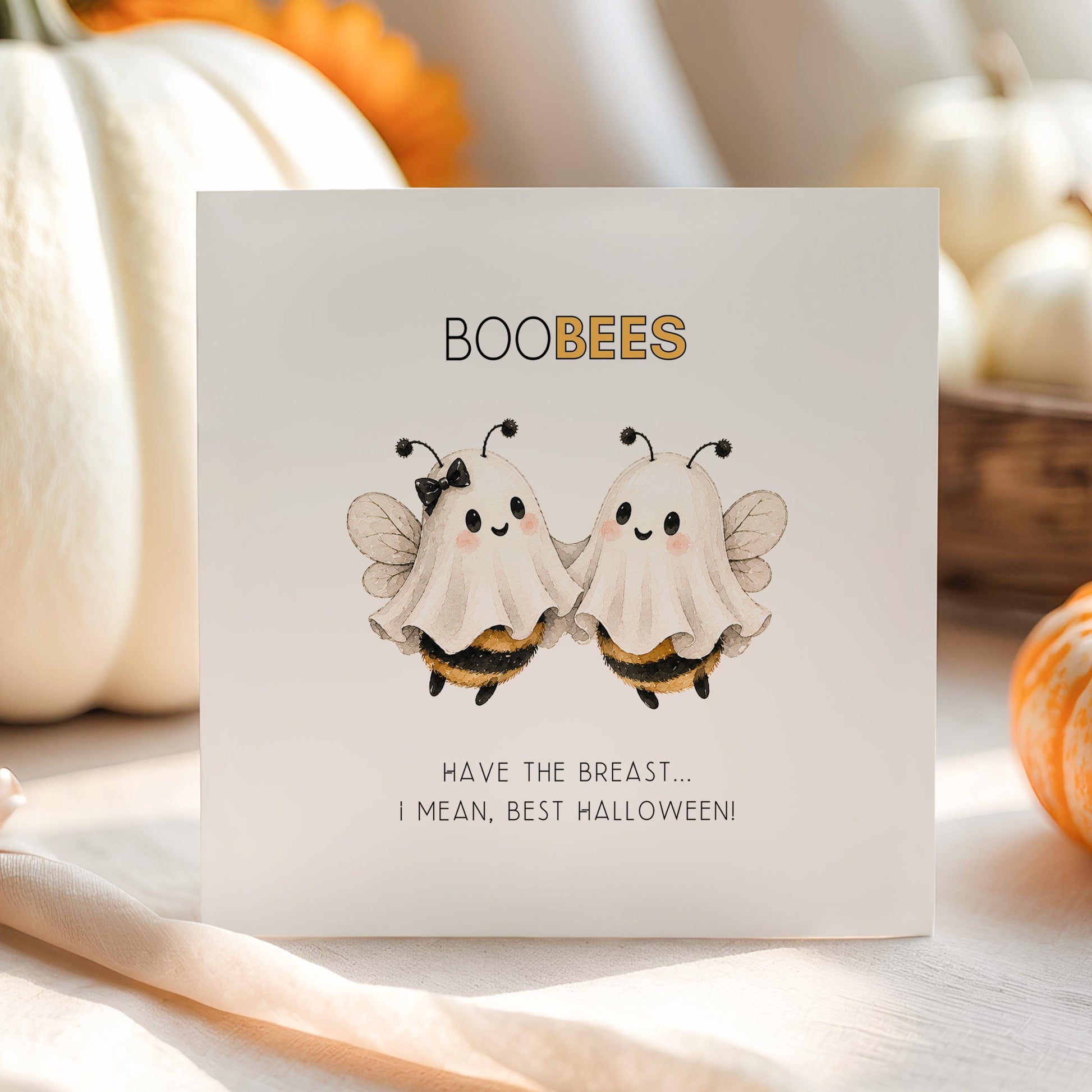 Send smiles this Halloween with our funny Boobees card featuring adorable ghost bees and a playful pun. Printed on premium recycled cardstock.