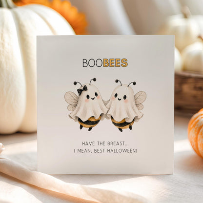 Send smiles this Halloween with our funny Boobees card featuring adorable ghost bees and a playful pun. Printed on premium recycled cardstock.