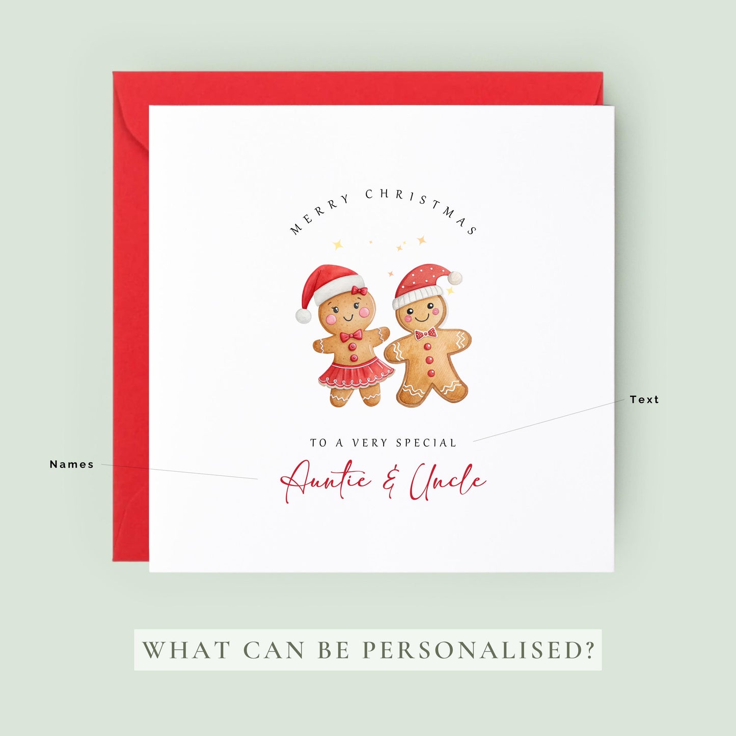Personalised Christmas card for Auntie and Uncle featuring a cute gingerbread couple wearing Santa hats with festive Christmas wording.
