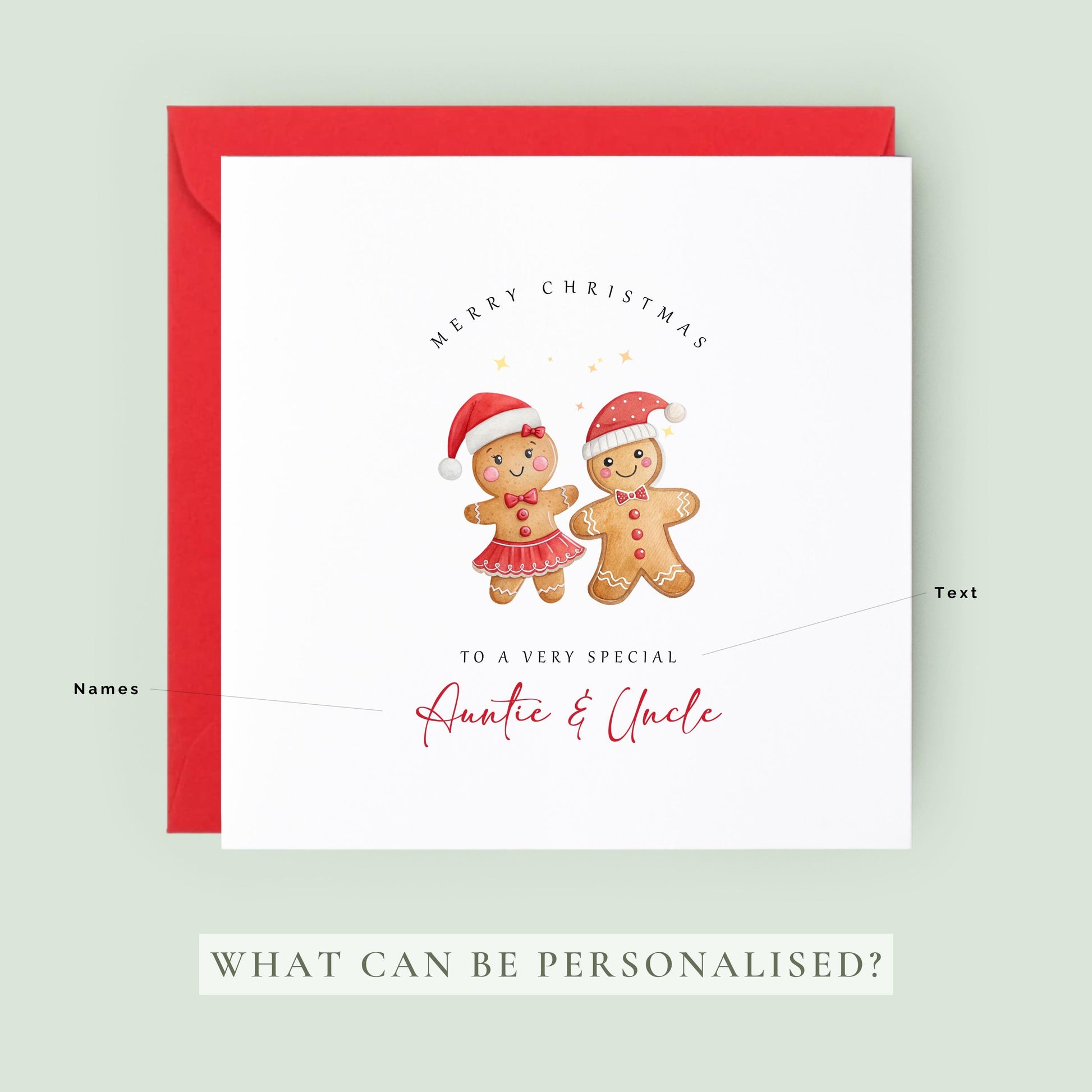 Personalised Christmas card for Auntie and Uncle featuring a cute gingerbread couple wearing Santa hats with festive Christmas wording.