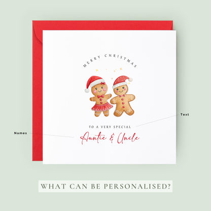 Personalised Christmas card for Auntie and Uncle featuring a cute gingerbread couple wearing Santa hats with festive Christmas wording.