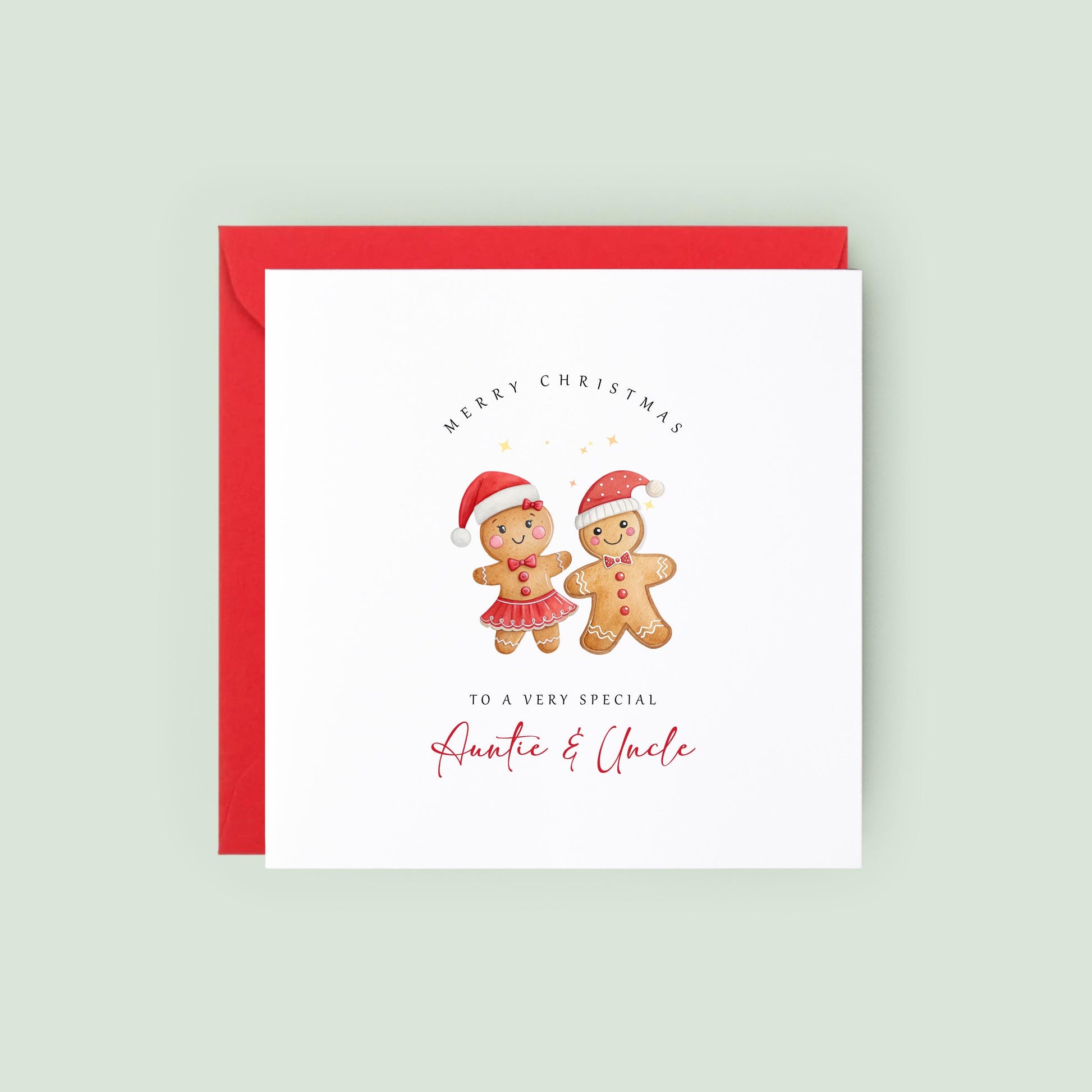 Personalised Christmas card for Auntie and Uncle featuring a cute gingerbread couple wearing Santa hats with festive Christmas wording.
