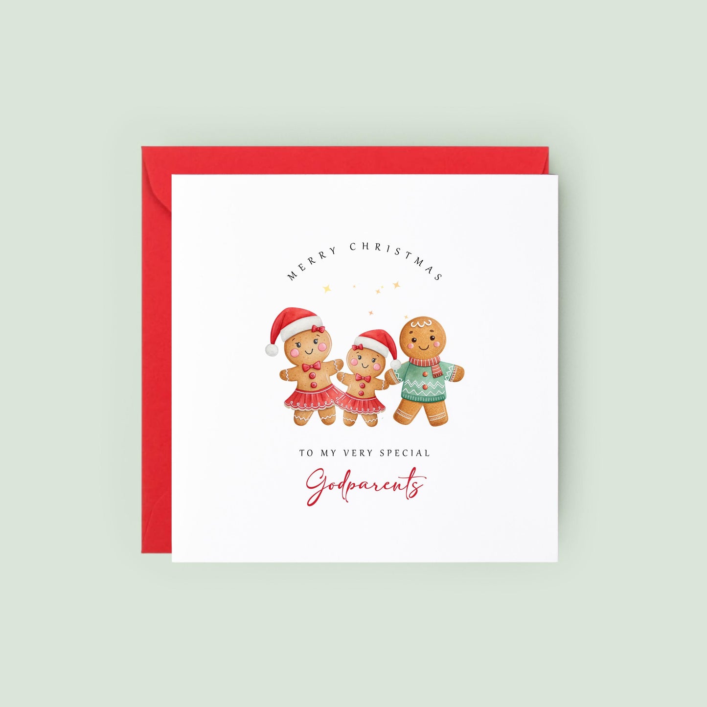 Adorable gingerbread Christmas card for godparents from a goddaughter. A festive keepsake Christmas card featuring a cute gingerbread family.