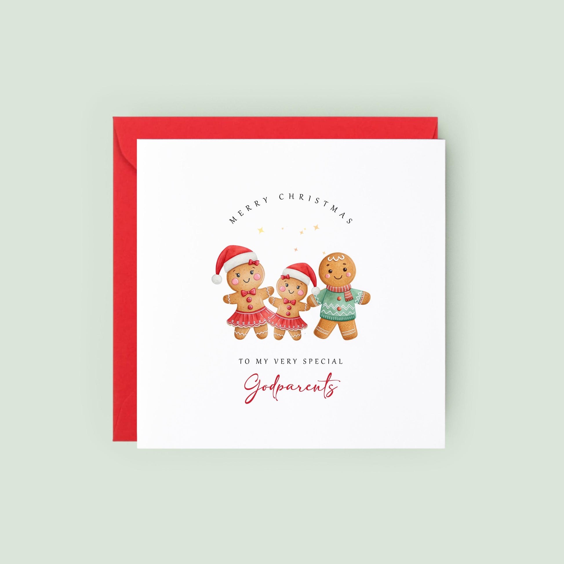 Adorable gingerbread Christmas card for godparents from a goddaughter. A festive keepsake Christmas card featuring a cute gingerbread family.