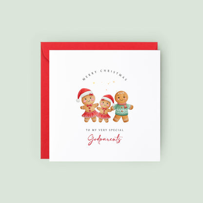 Adorable gingerbread Christmas card for godparents from a goddaughter. A festive keepsake Christmas card featuring a cute gingerbread family.