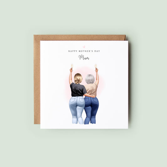 Personalised curvy girls Mother’s Day card with back-view illustration of two women in jeans holding drinks, customisable hair, skin tone, tops, drinks, wording and names, shown as a square 148x148mm (6x6) card with Kraft envelope behind.