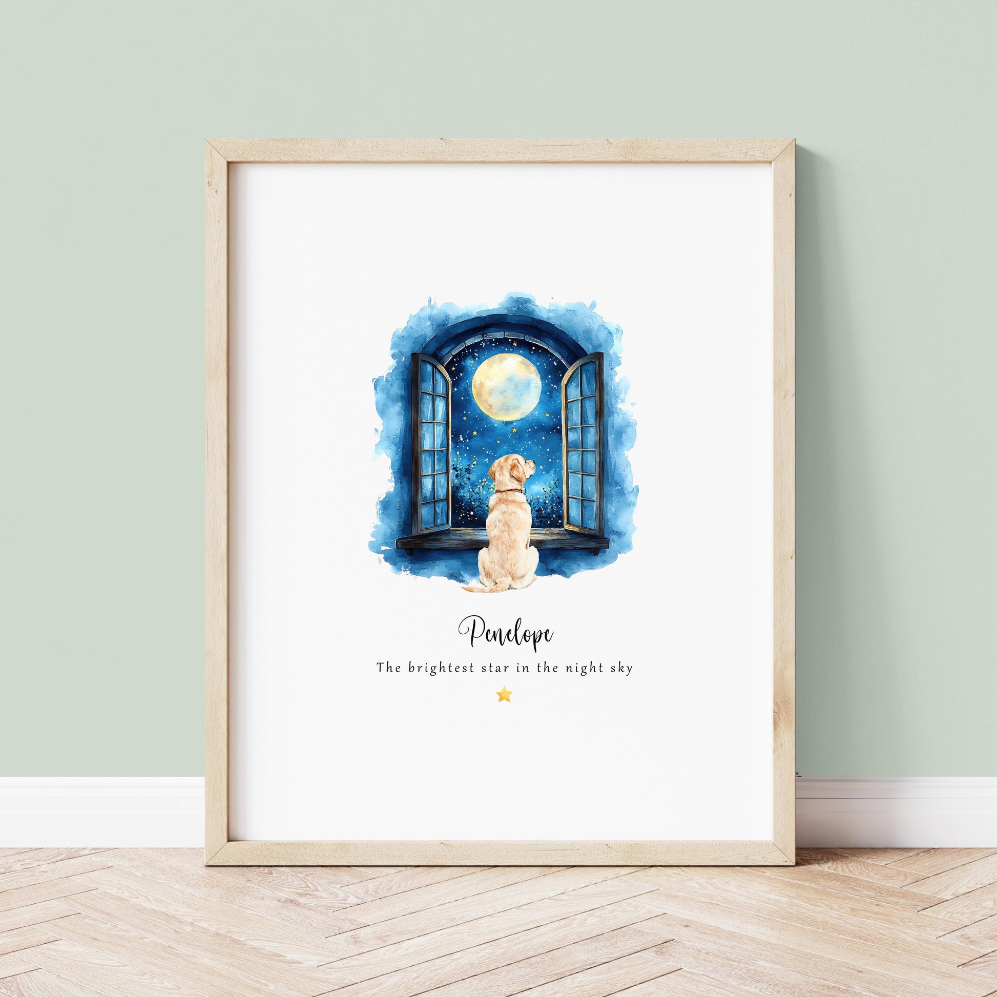 Personalised dog memorial print showing a dog sitting at an open window looking at the moon and stars, with the pet name and wording “The brightest star in the night sky”, displayed in a light wood frame against a neutral wall.