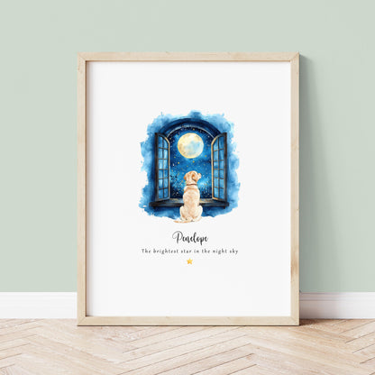 Personalised dog memorial print showing a dog sitting at an open window looking at the moon and stars, with the pet name and wording “The brightest star in the night sky”, displayed in a light wood frame against a neutral wall.