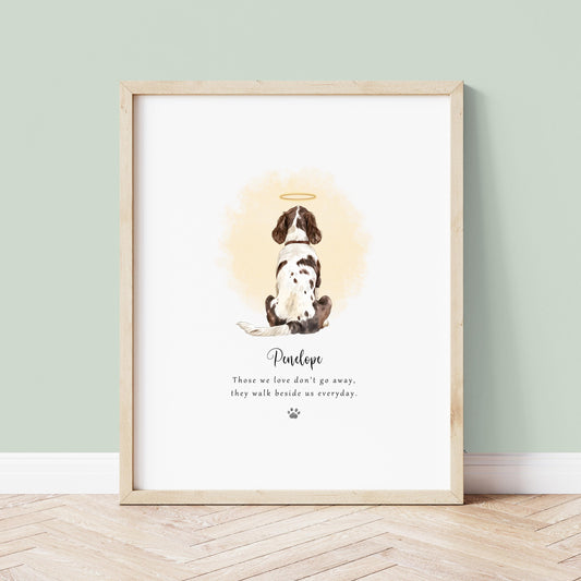 Personalised dog memorial Rainbow Bridge print in soft watercolour style with an angel dog illustration, gentle halo and comforting quote, customised with the pet’s name and wording, shown framed against a neutral wall.