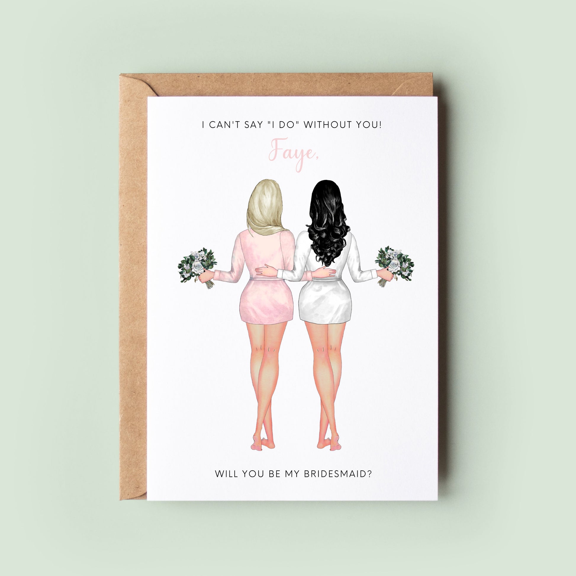 A customisable Will You Be My Bridesmaid card with options to personalise the robe colour, hairstyle, skin tone, accessories, and text. Make your bridesmaid proposal as unique as your friendship.