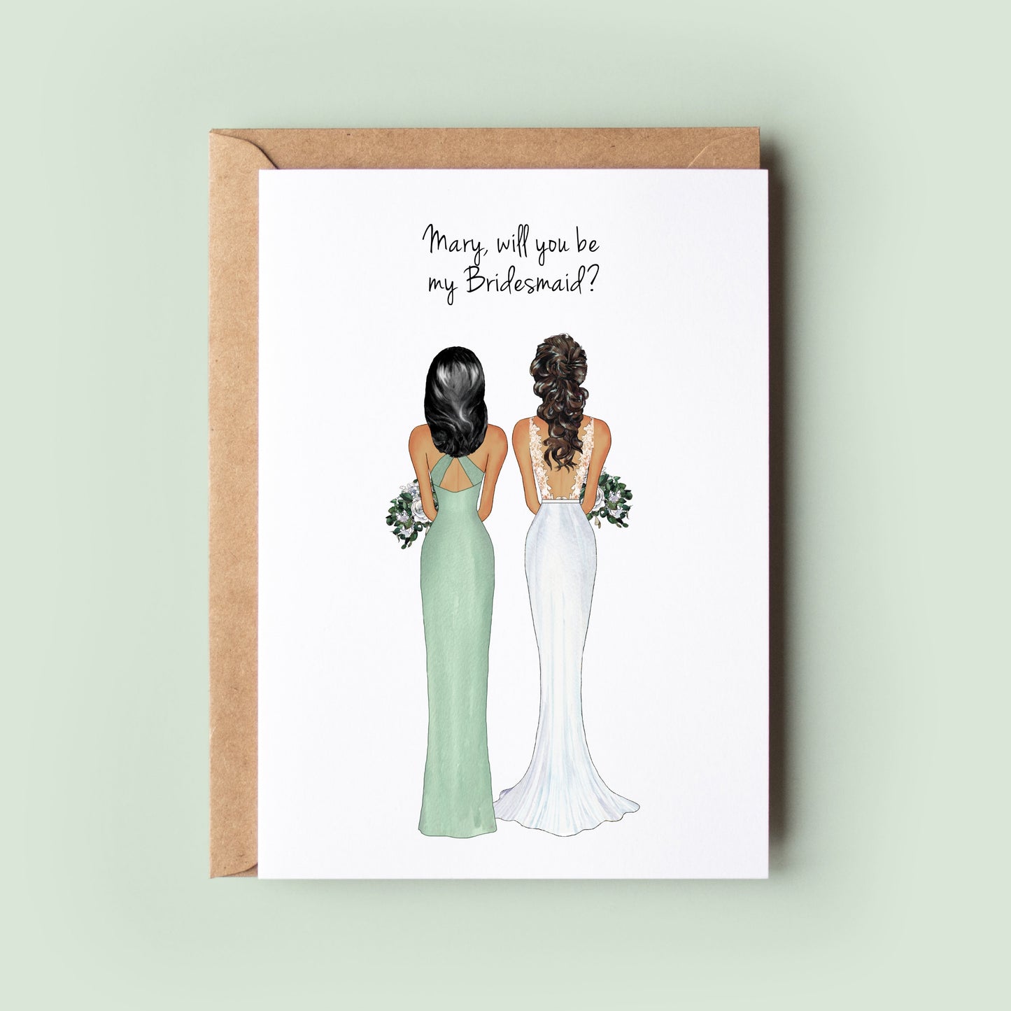 A personalized Will You Be My Bridesmaid card, with customizable bridesmaid dress style and color, brides dress and veil, body shape, skin tone, and hair. Make your bridesmaid proposal an unforgettable moment.
