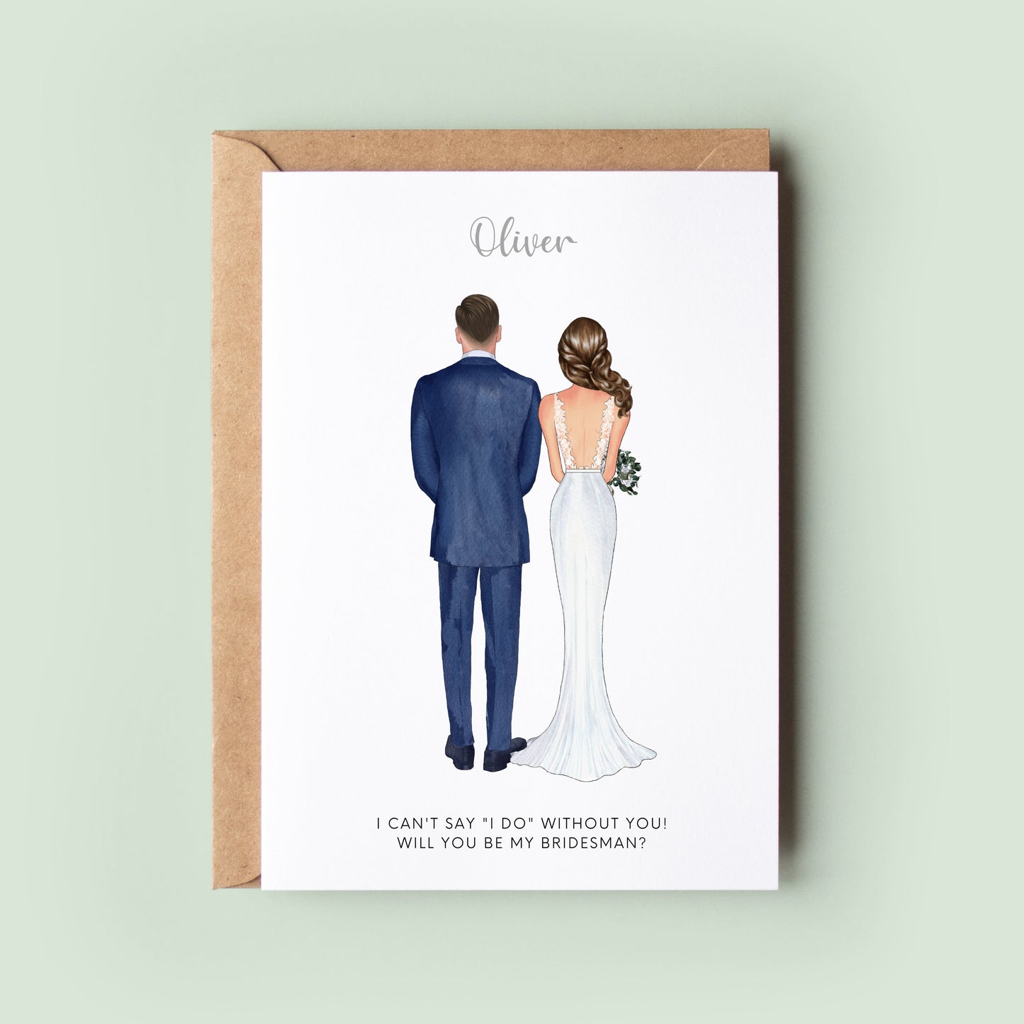 A customisable &#39;Will You Be My Bridesman&#39; card featuring personalised options for the bride&#39;s dress, bridesman suit, skin tones, and hair, with space for custom text.
