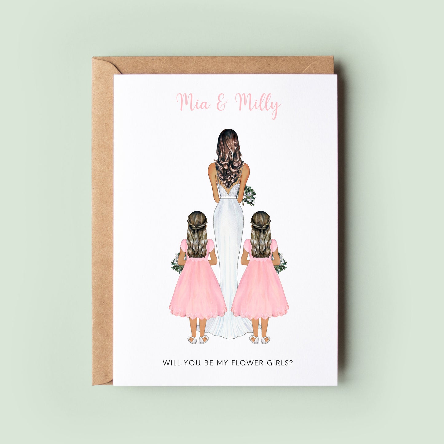 A customised &#39;Will You Be My Flower Girl Twins&#39; card with personalised options for the bride&#39;s and twins&#39; skin tones, hair, dresses, and a special message.