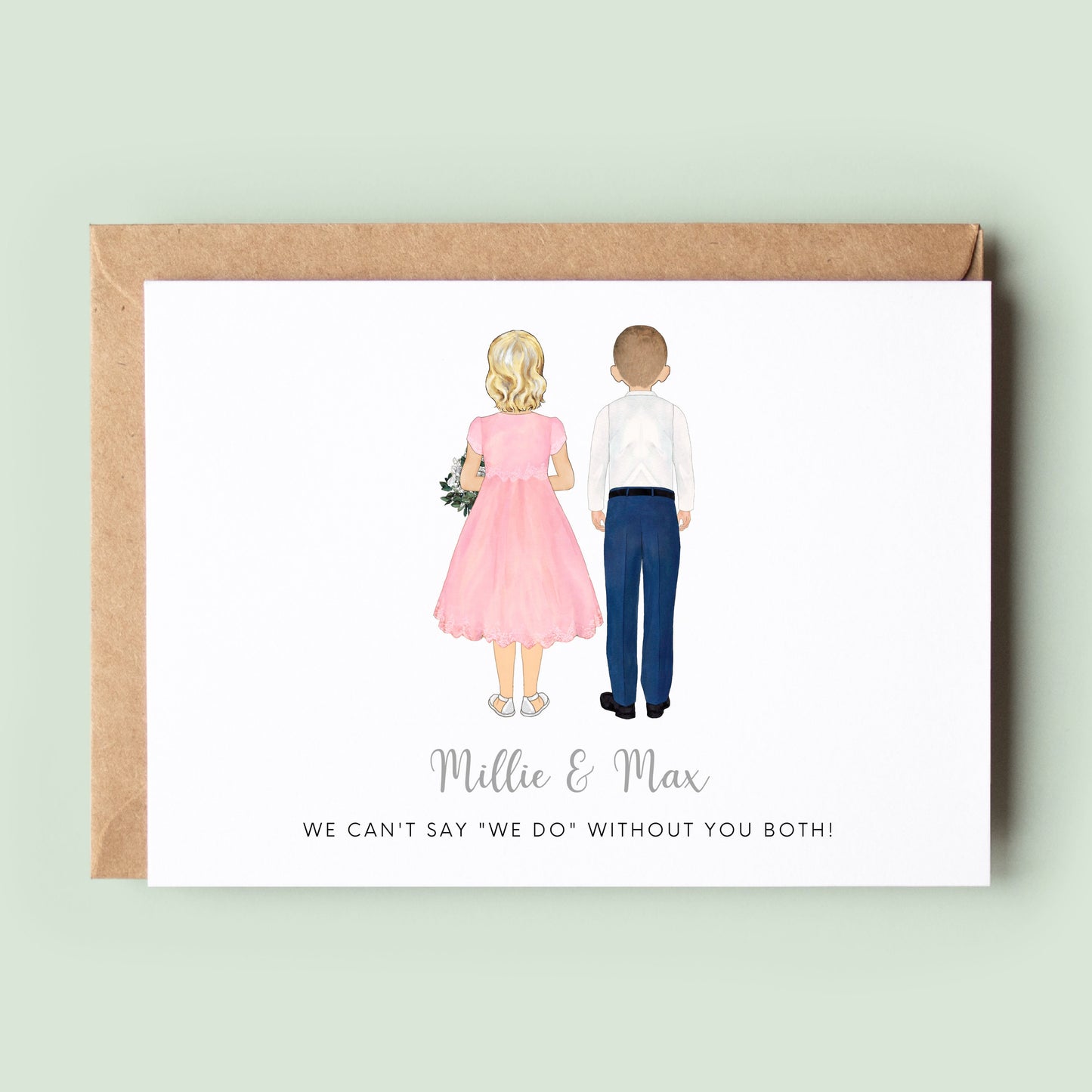 Personalised Brother & Sister Flower Girl & Page Boy Proposal Card by Ink and Fred, customised to match the children&#39;s appearance, perfect for a special wedding invitation.