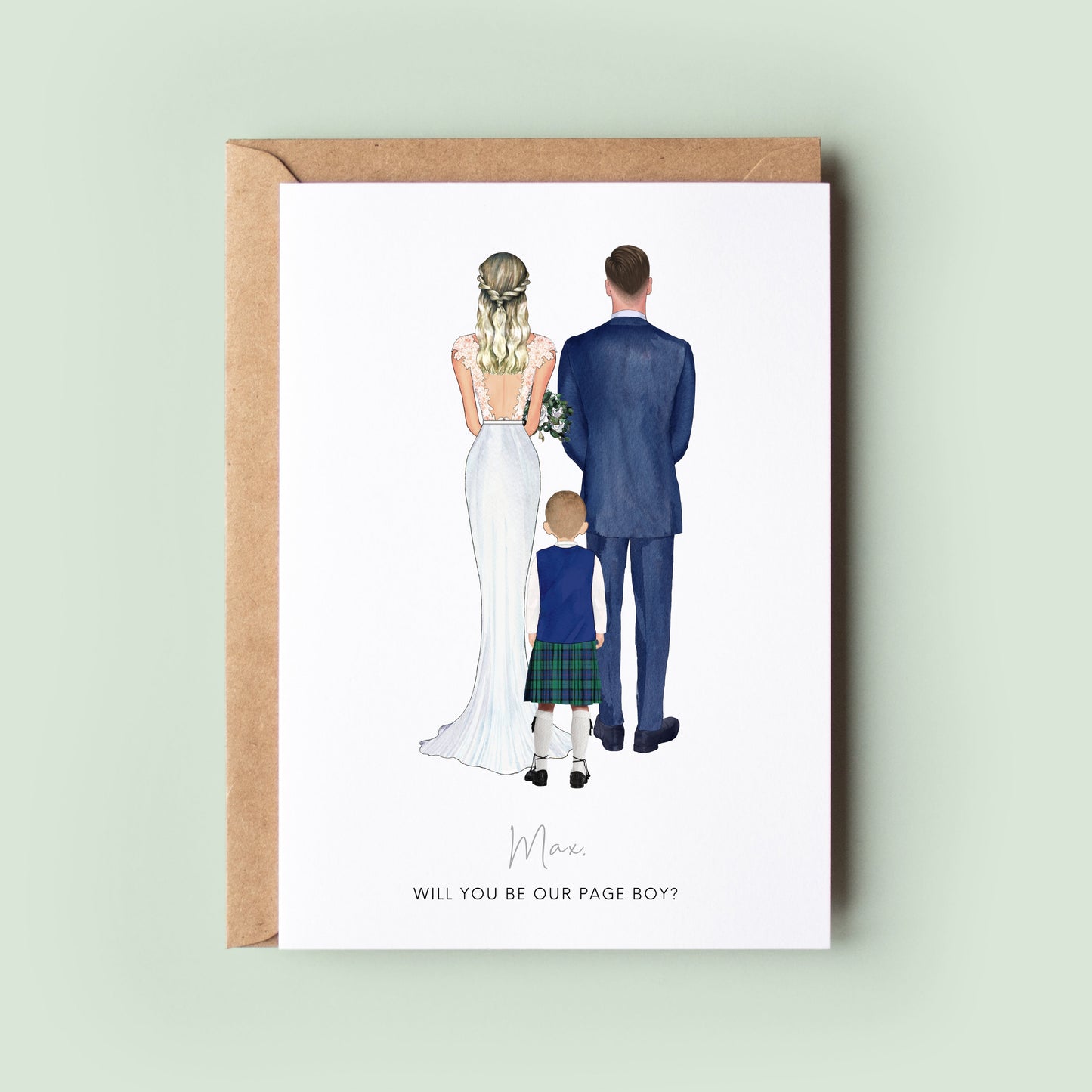 A personalised page boy proposal card with custom illustrations and space for a personal message from the bride and groom.