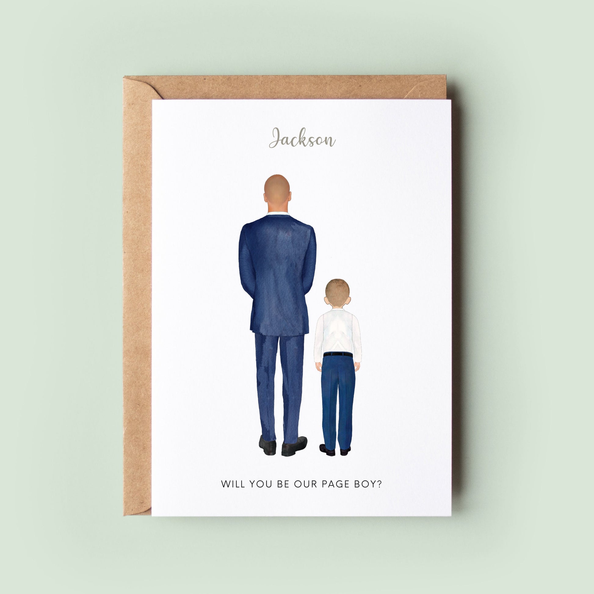 A personalised mini best man/page boy proposal card with options to customise the outfit, hairstyle, and skin tone of the illustrated figures.