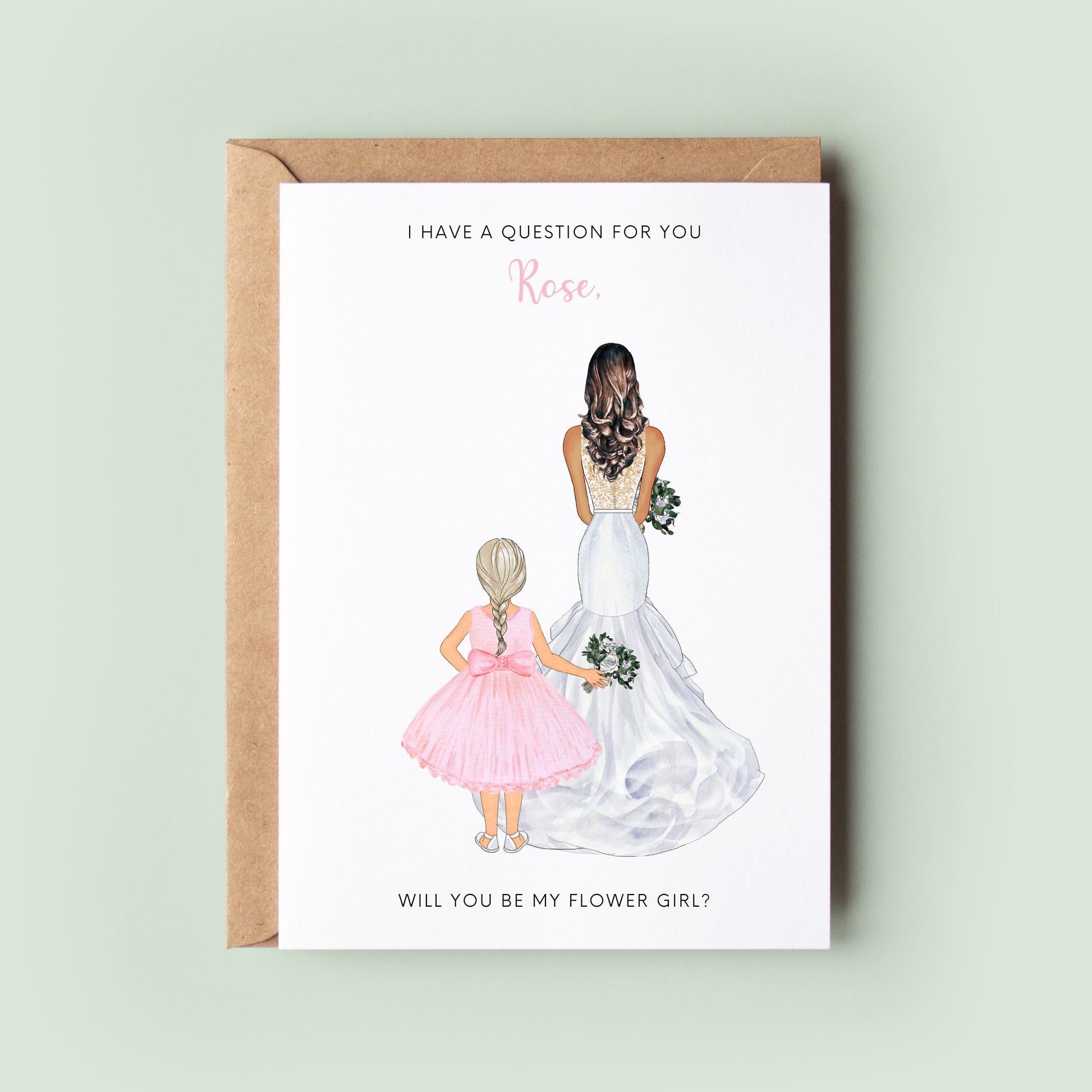 A personalised flower girl proposal card with options to customise the outfit, hairstyle, and skin tone of the illustrated figure.