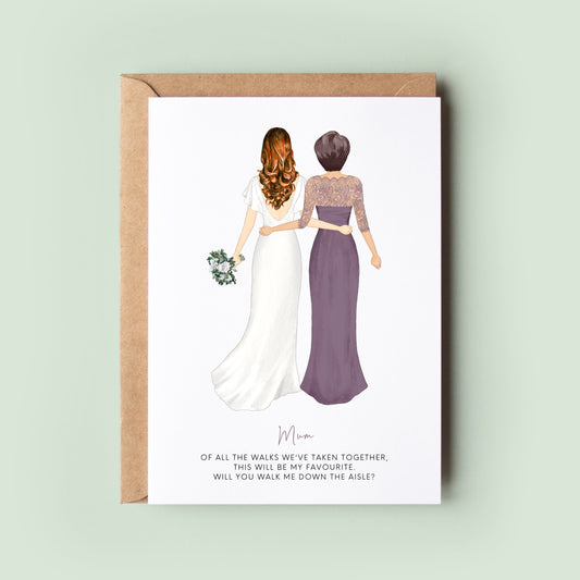 Personalised Ink and Fred Wedding Card featuring customised bride and female dresses, celebrating the special moment of &quot;Will you walk me down the aisle?&quot;