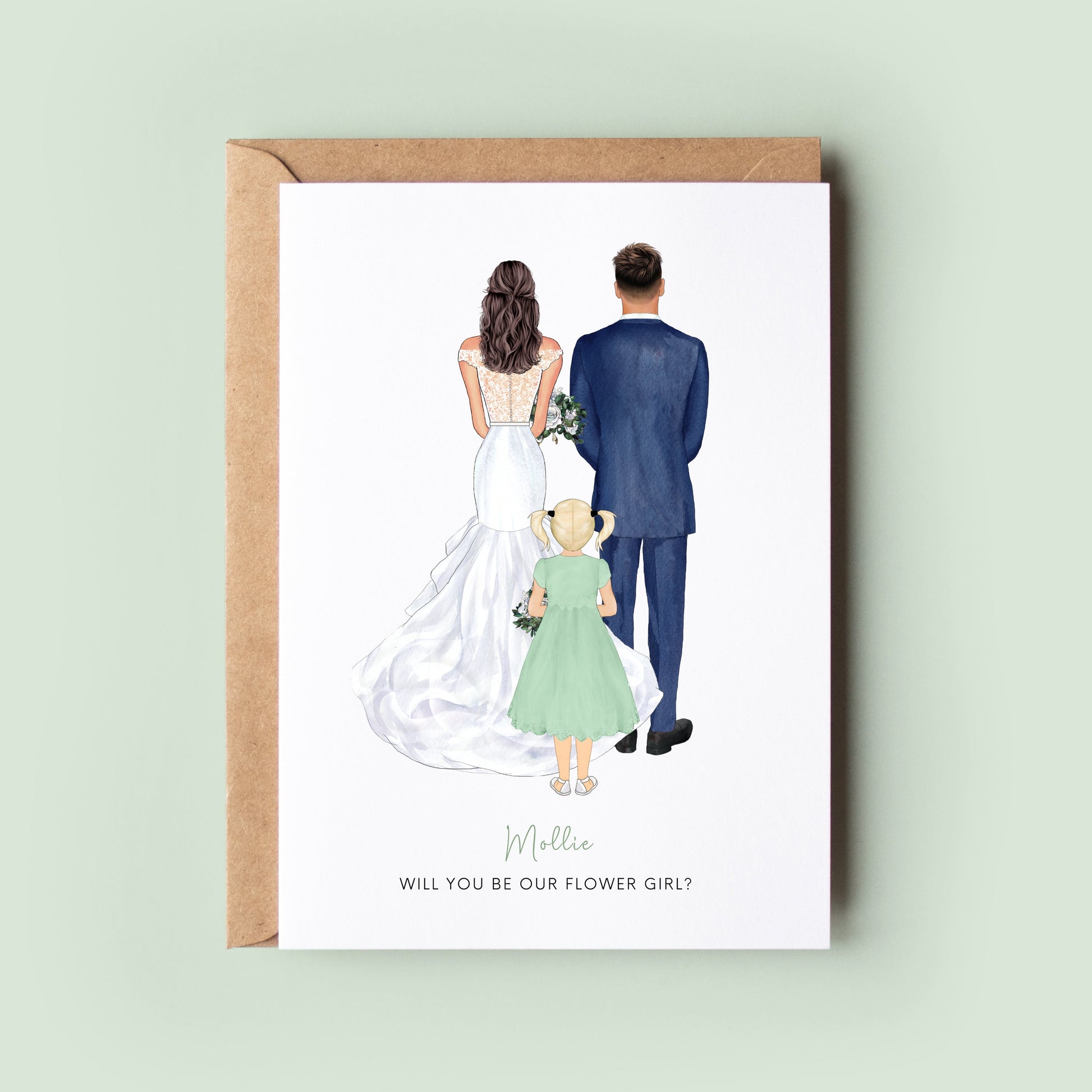 A personalised flower girl proposal card featuring custom illustrations and a space for a personal message from the bride and groom.