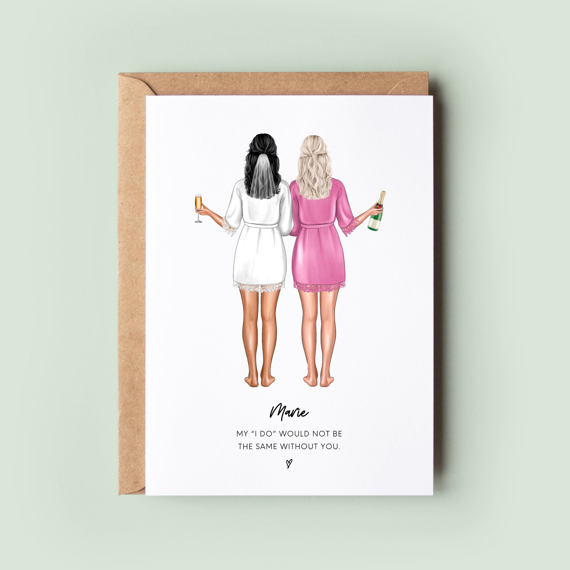 Elegant personalised &#39;Will You Be My Bridesmaid&#39; card showcasing a radiant bride and her potential bridesmaid in customisable bridal robes, with changeable skin tones and hairstyles.